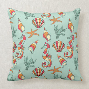 Seahorse and Seashell Pattern Teal Cushion