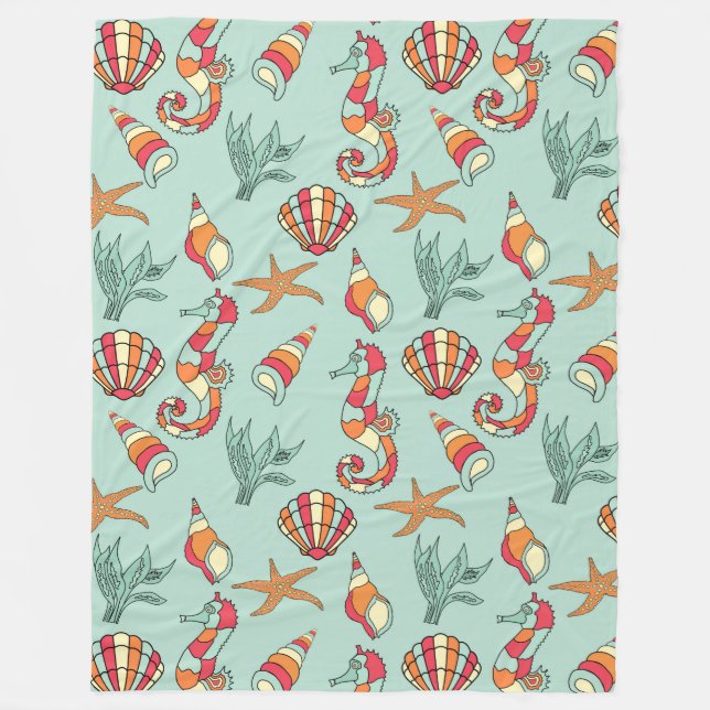 Seahorse and Seashell Pattern Teal Fleece Blanket (Front)