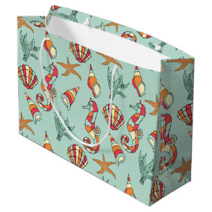 Seahorse and Seashell Pattern Teal Large Gift Bag