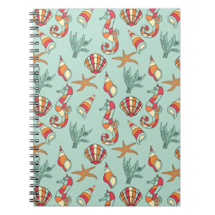 Seahorse and Seashell Pattern Teal Notebook