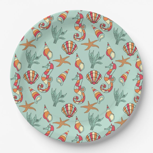 Seahorse and Seashell Pattern Teal Paper Plate (Front)