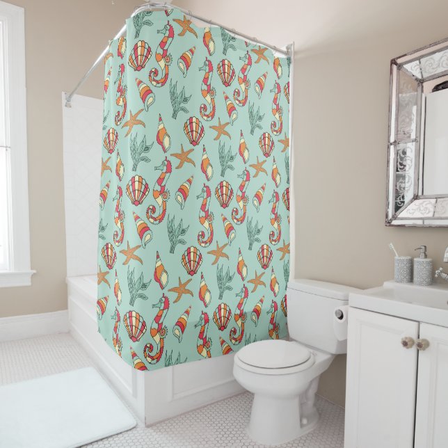 Seahorse and Seashell Pattern Teal Shower Curtain (In Situ)