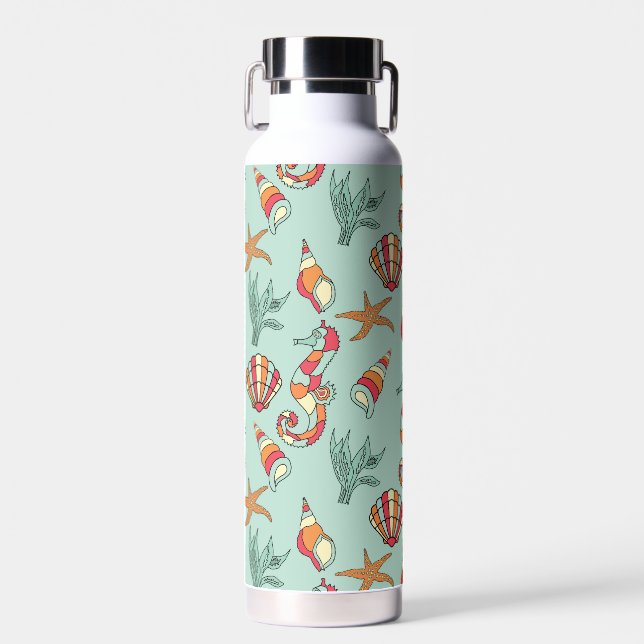 Seahorse and Seashell Pattern Teal Water Bottle (Front)