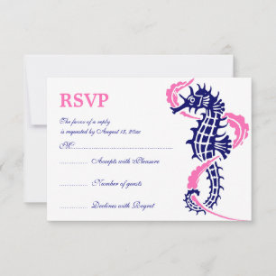 Seahorse and seaweed blue, hot pink wedding RSVP Card