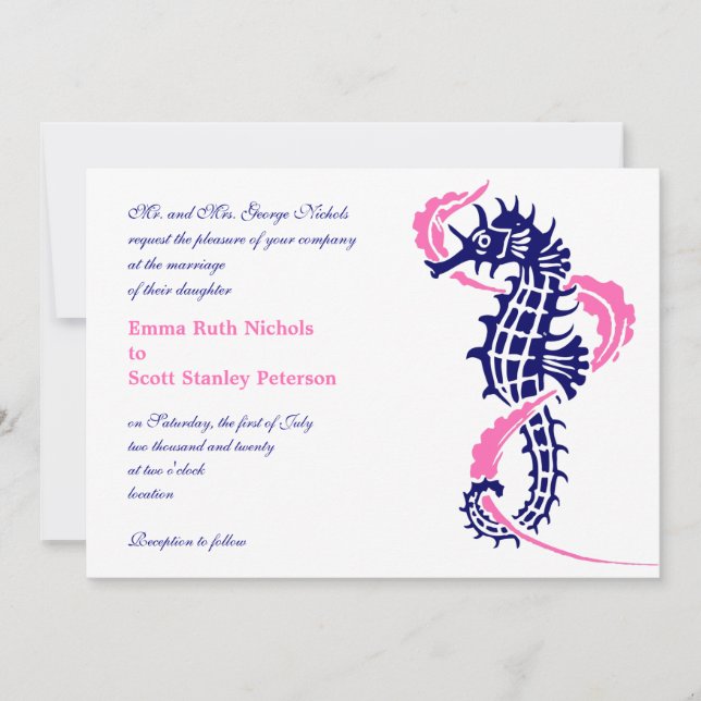 Seahorse and seaweed navy blue, hot pink wedding invitation (Front)