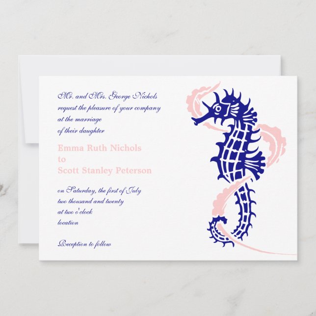 Seahorse and seaweed navy blue, pink wedding invitation (Front)
