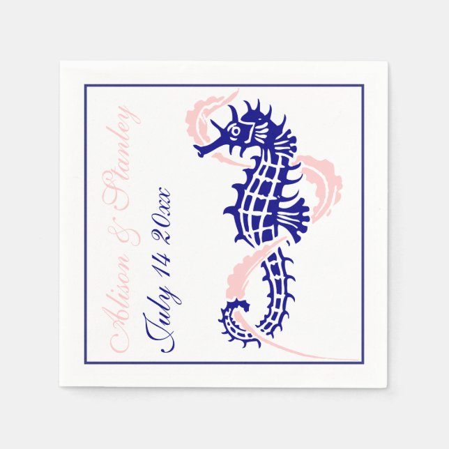 Seahorse and seaweed navy blue, pink wedding napkin (Front)