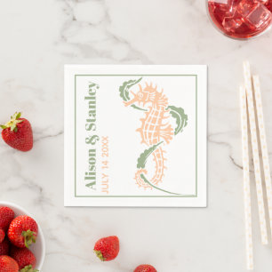 Seahorse and seaweed sage green and peach wedding napkin