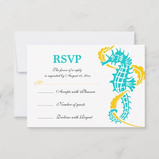 Seahorse and seaweed turquoise yellow wedding RSVP Card (Front)