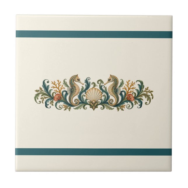 Seahorse and Shells Custom Colour Frieze Ceramic Tile (Seahorse & shells in the original ivory palette. Personalize the background and the two independent bands in the design editor.)