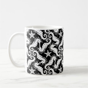 Seahorse and Starfish - Black and White Pattern Coffee Mug