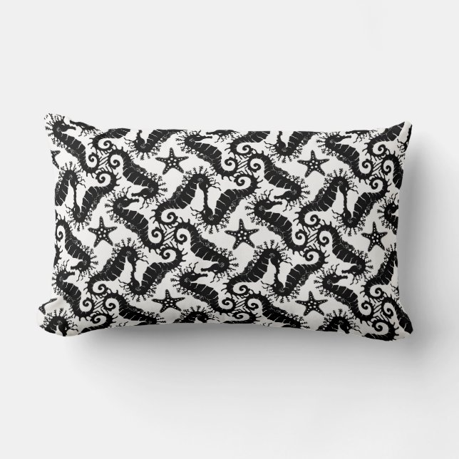 Seahorse and Starfish - Black and White Pattern Lumbar Cushion (Front)