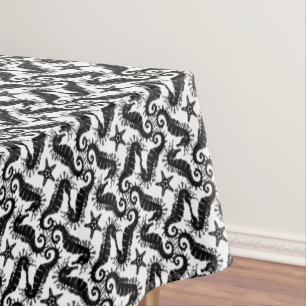 Seahorse and Starfish - Black and White Pattern Tablecloth