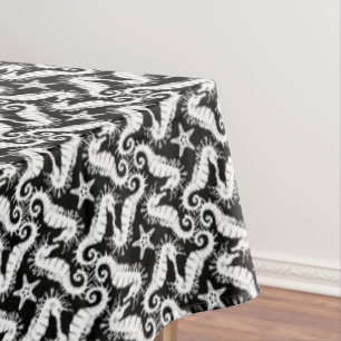 Seahorse and Starfish - Black and White Pattern Tablecloth
