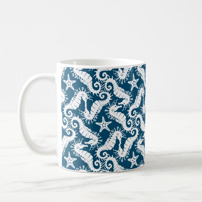 Seahorse and Starfish - Blue Sealife Pattern Coffee Mug (Left)