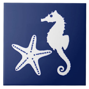 Seahorse and starfish - navy blue and white ceramic tile
