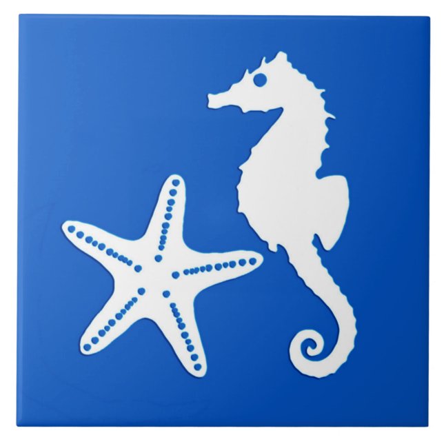 Seahorse and starfish - white on cobalt blue ceramic tile (Front)