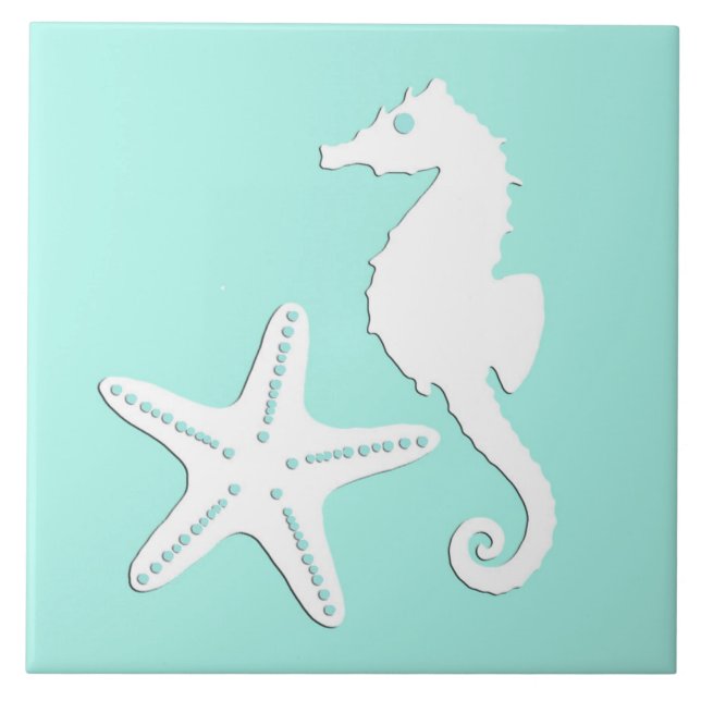 Seahorse and starfish - white on pale aqua ceramic tile (Front)