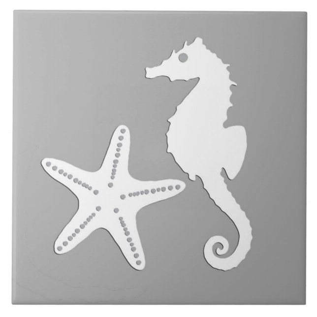 Seahorse and starfish - white on silver grey ceramic tile (Front)