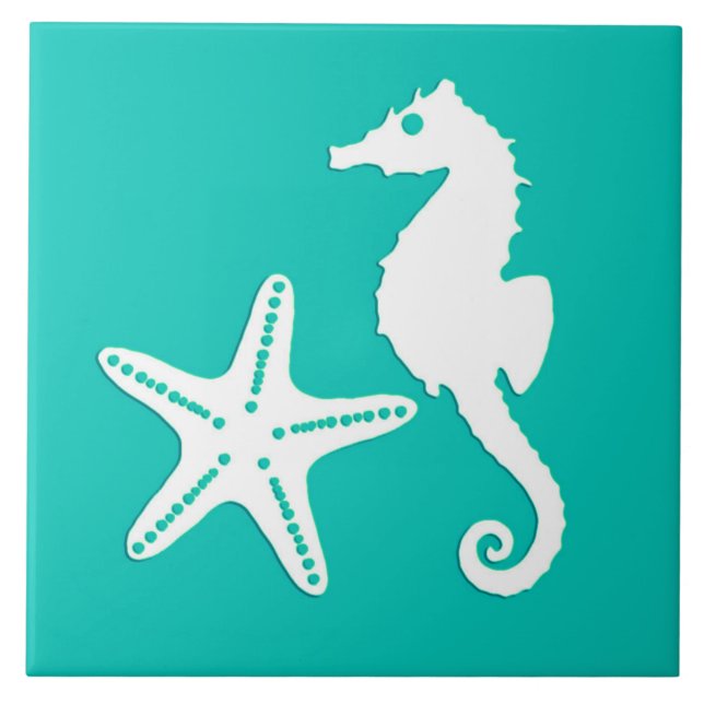 Seahorse and starfish - white on turquoise tile (Front)