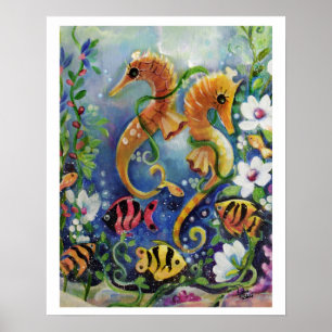 SeaHorse and Tropical fish, colourful Poster