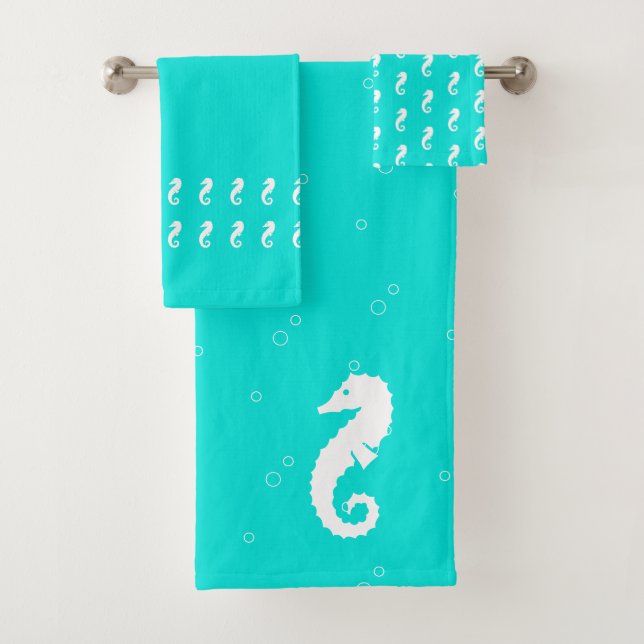 Seahorse Aqua Teal blue and white Bath Towel Set (Insitu)