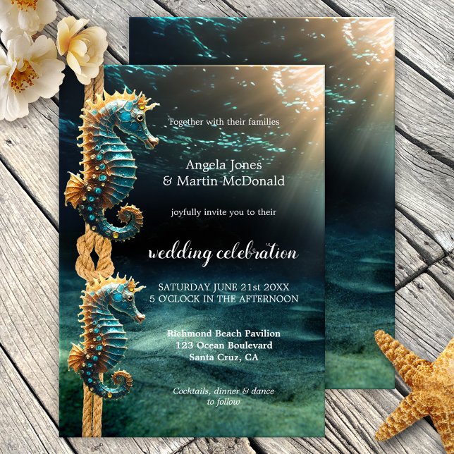 Seahorse Aquarium Nautical Ocean Wedding Invitation (Wedding invitation featuring two seahorses with a knot in a rope in a sparkling underwater world)
