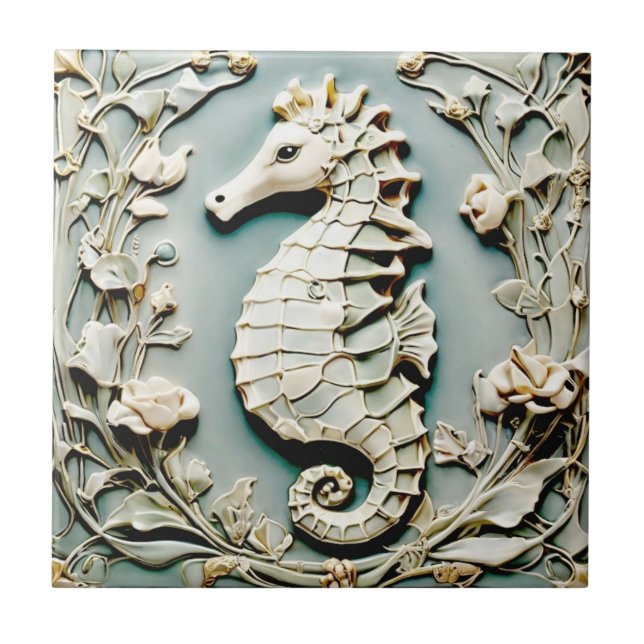 Seahorse Art Nouveau Faux Relief Left facing Mint Ceramic Tile (Front)