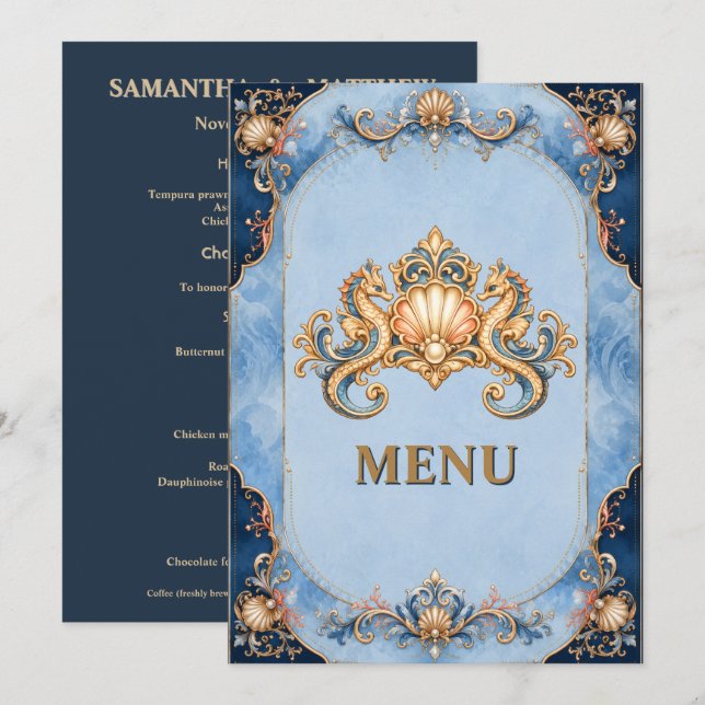 Seahorse beach shell wedding menu vintage seashell (Front/Back)