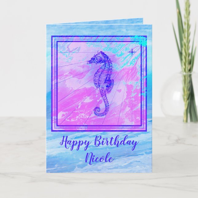 Seahorse Birthday Card with Wave Background (Front)