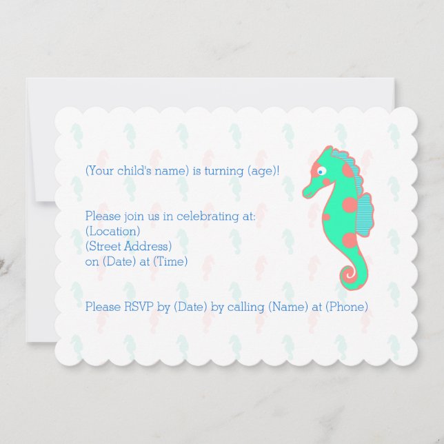 Seahorse Birthday Customisable Invitation Seahorse (Front)