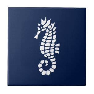 Seahorse Blue and White Coastal Ceramic Tile