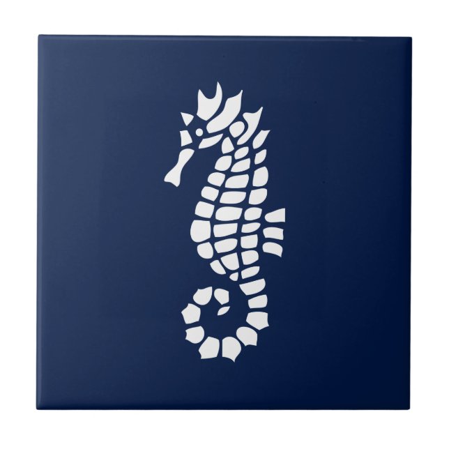 Seahorse Blue and White Coastal Ceramic Tile (Front)