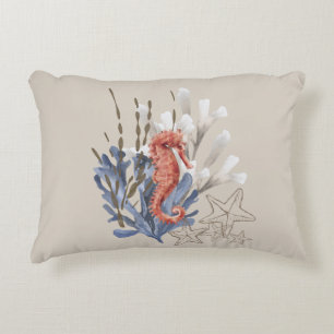 Seahorse Blue Beige Orange Coral Coastal Beach Decorative Cushion