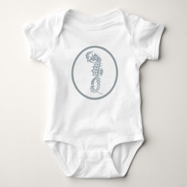 Seahorse Blue Classic Nautical Elegant Baby Bodysuit (Front)