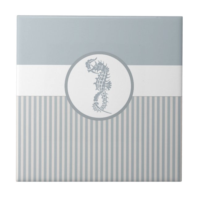 Seahorse Blue Classic Nautical Elegant Ceramic Tile (Front)