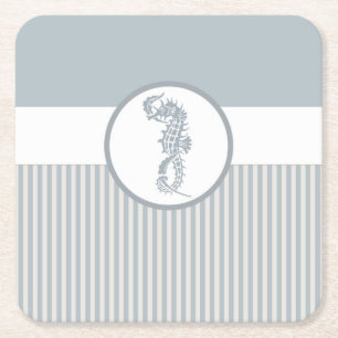 Seahorse Blue Classic Nautical Elegant Square Paper Coaster