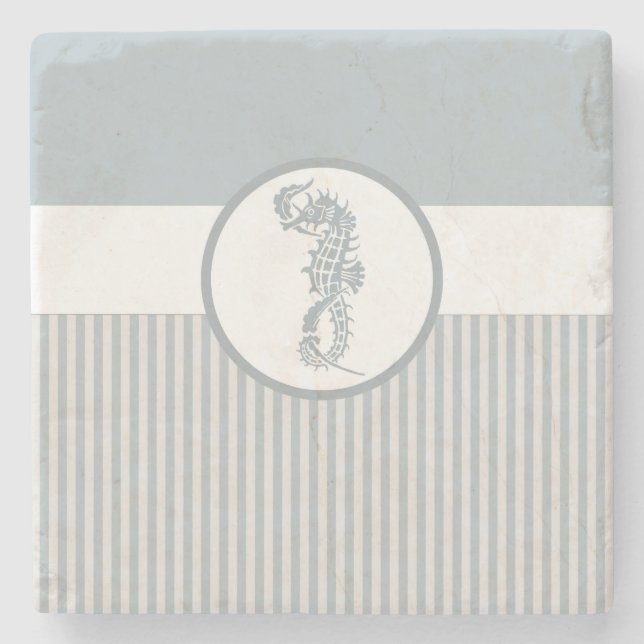 Seahorse Blue Classic Nautical Elegant Stone Coaster (Front)