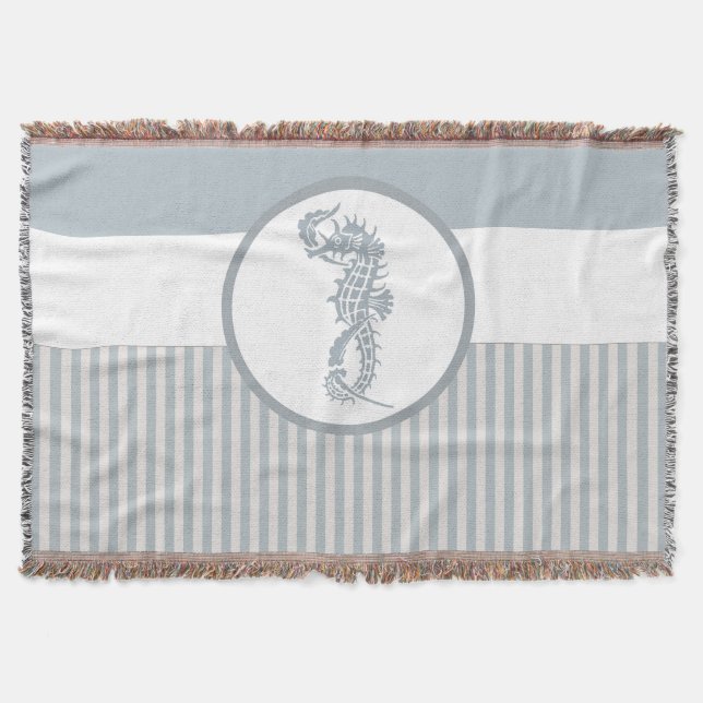 Seahorse Blue Classic Nautical Elegant Throw Blanket (Front)