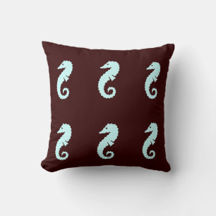 SEAHORSE  blue on brown  pillow