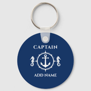 Seahorse Boat Anchor Captain Name Photo Back Blue Key Ring