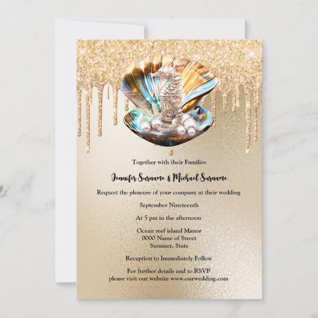 Seahorse clam shell pearl gold glitter sparkling  invitation (Front)