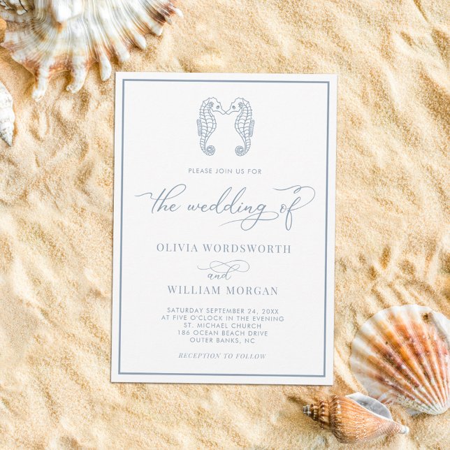 Seahorse Coastal Beach Dusty Blue Wedding Invitation (Creator Uploaded)
