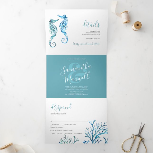 Seahorse Coastal Trifold Wedding Invitation (Inside)