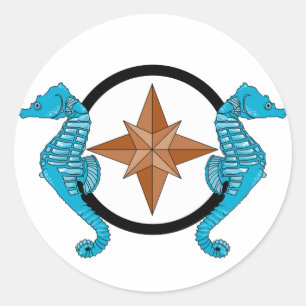 Seahorse Compass Rose Classic Round Sticker