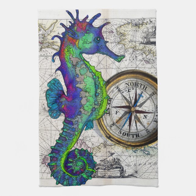 Seahorse Compass Tea Towel (Vertical)