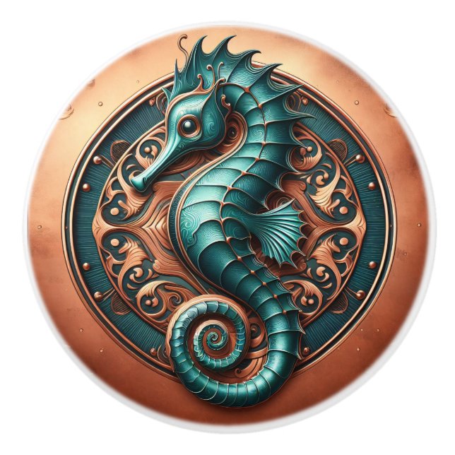 Seahorse Copper and Teal Ceramic Knob (Front)