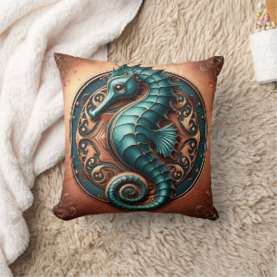 Seahorse Copper and Teal Cushion
