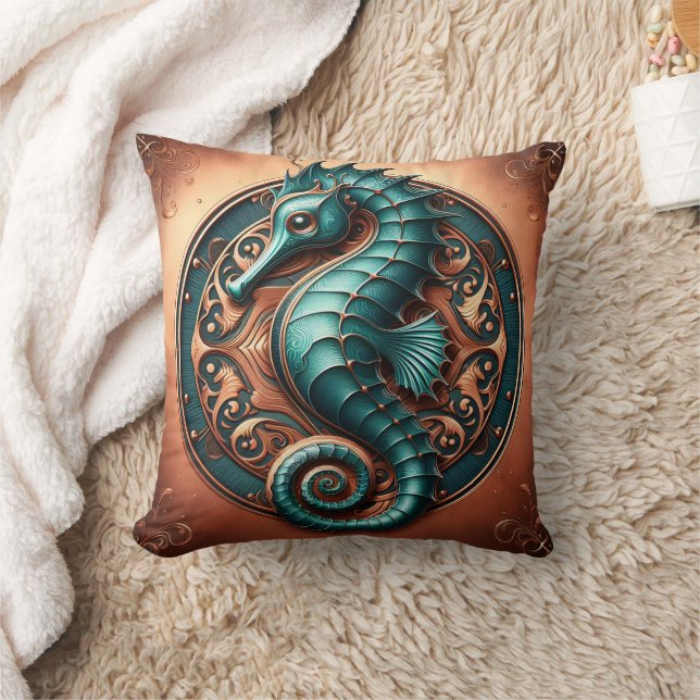 Seahorse Copper and Teal Cushion (Blanket)