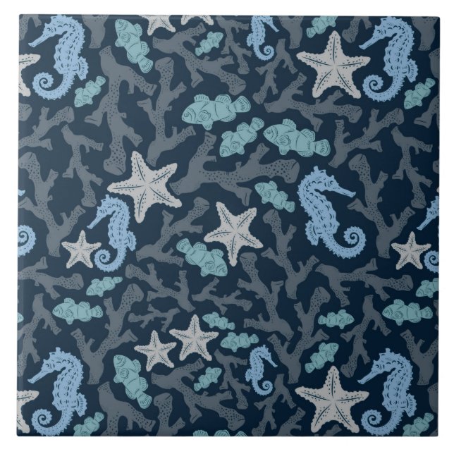 Seahorse Deep Blue Pattern Ceramic Tile (Front)